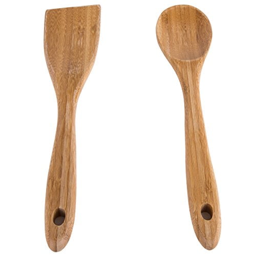 Creative Home Set of 2 Bamboo Utensil Set Consists Spoon and One Solid Turner, 12" L x 2-3/8" W, Natural Finish