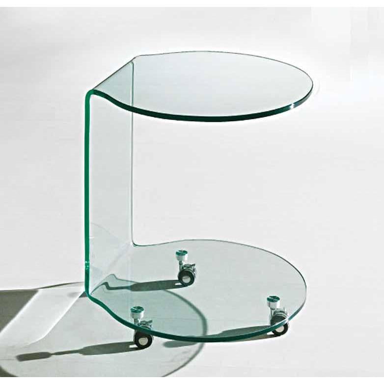 Clear Bent Glass Round End Table with Wheels
