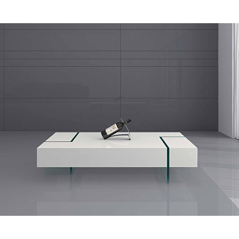 White Lacquer Rectangular Coffee Table with Tempered Glass Base