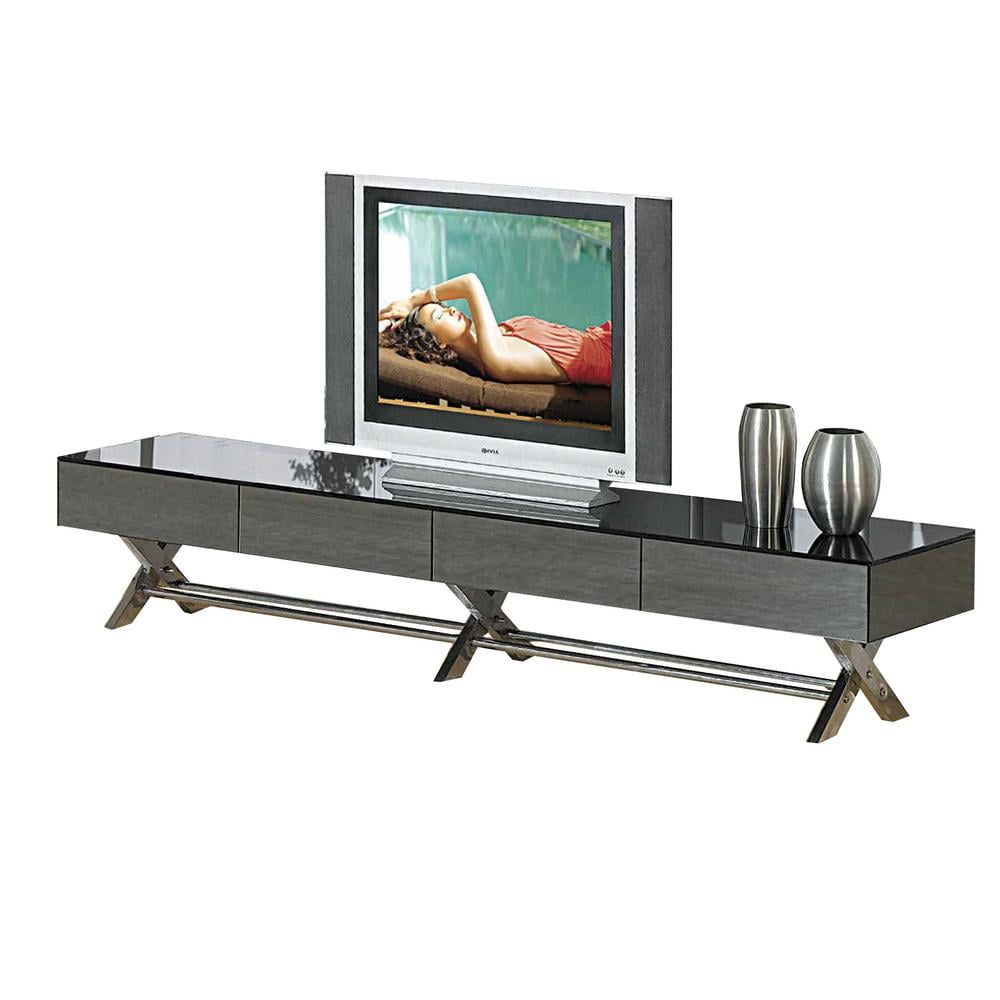 TV Stand with Black Glass top and Gray Mirror drawers and Chrome Legs