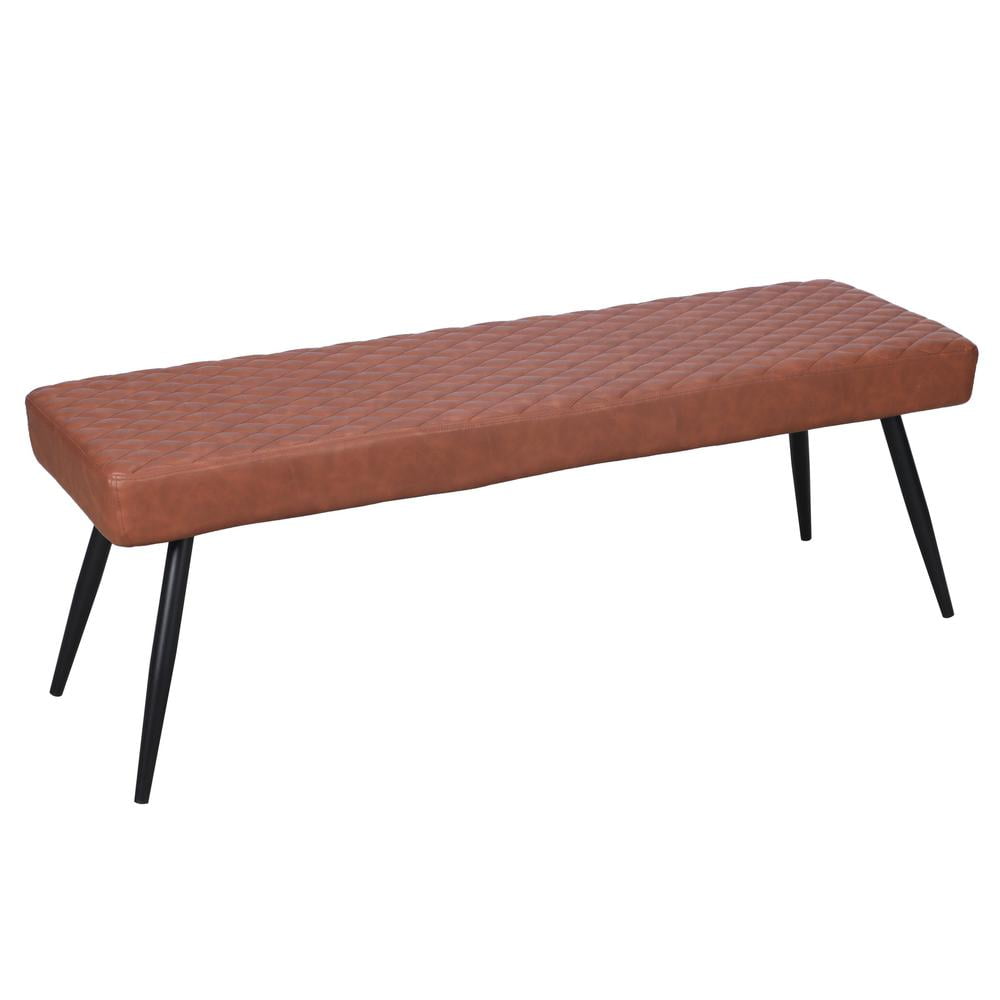 Cognac Faux Leather Upholstered Dining Bench with Black Metal Legs