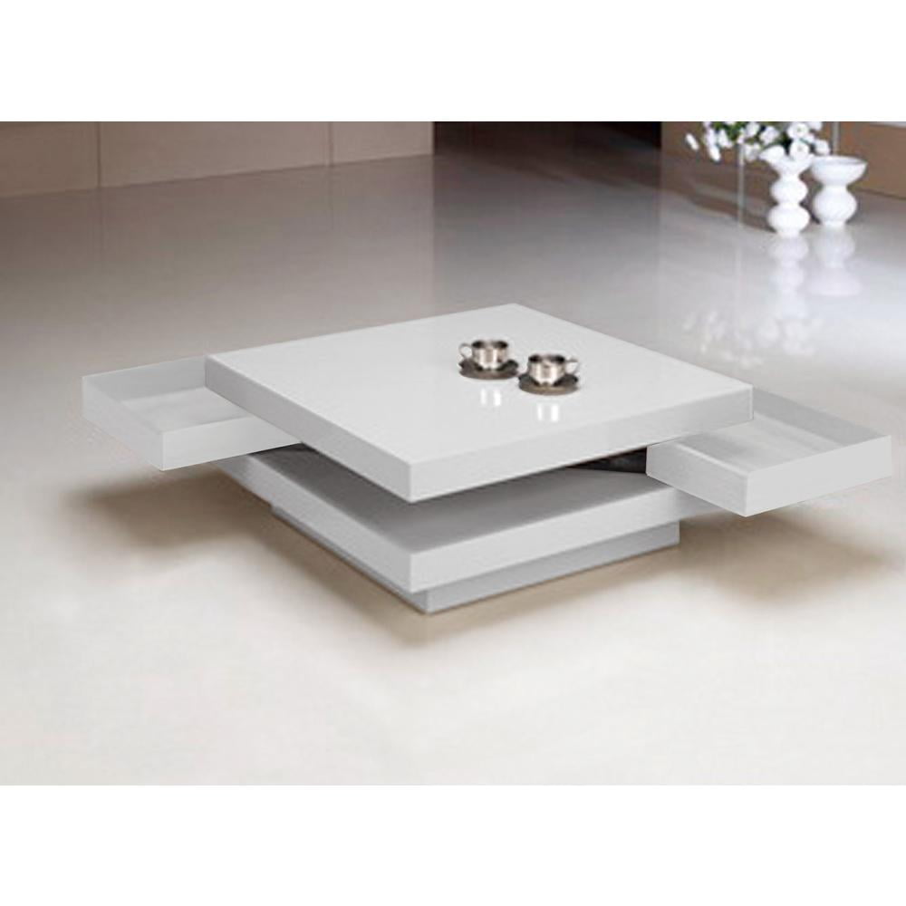 White Lacquer Wood Coffee Table with Two White Drawers