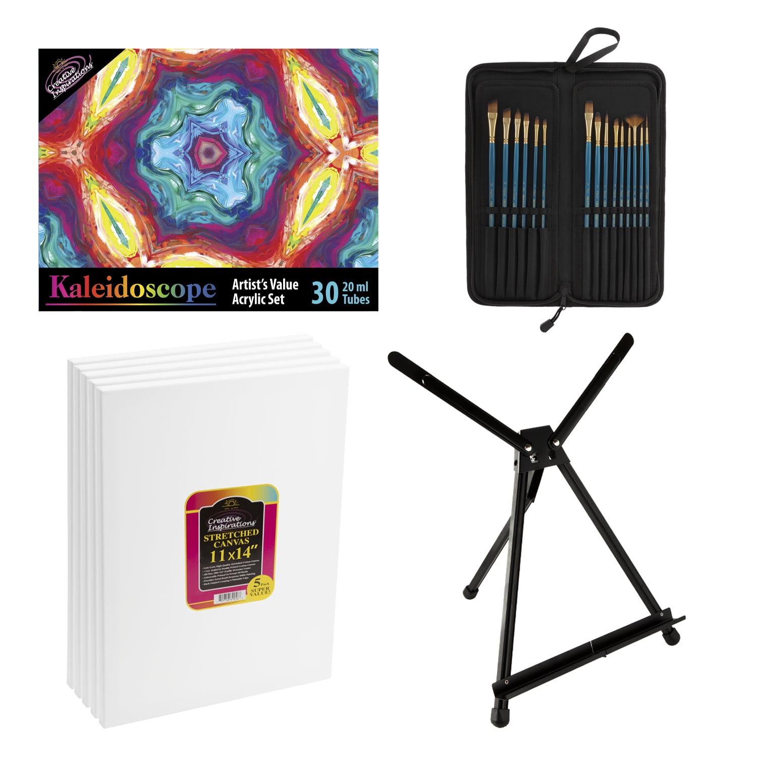 Creative Inpirations Acylic Paint Set - Kaleidoscope Acrylic Paint Set of 30 Assorted Colors, 5-Pack of 11x14" Stretched Canvas, Artist Table Easel & Long Handle Paintbrush Set of 15 w/ Carrying Case