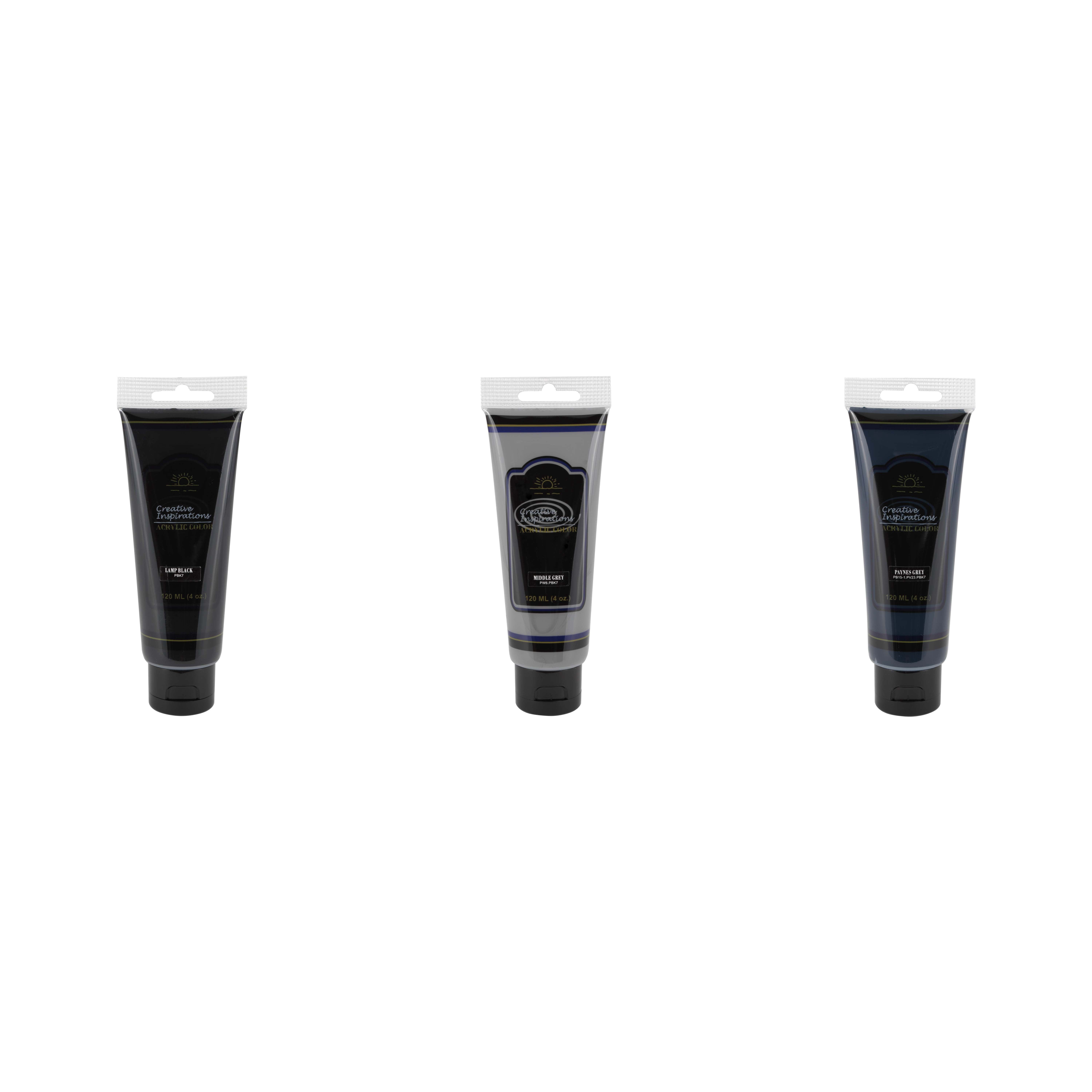 Creative Inspirations Acrylic Paint Grey and Black Set of 3, 120mL Tubes, Smooth & Creamy Consistency, Vibrant Pigmentation, Great Coverage for Artists - Clean Up with Soap & Water