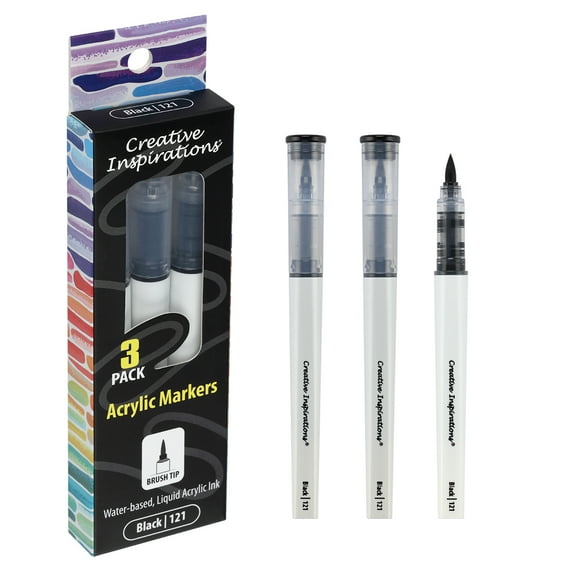 Creative Inspirations Acrylic Paint Markers Set of 3 Black: Water-Based Acrylic Markers for Artists w/ Flexible Brush Tips in Stacked Carrying Case, Bleed-Resistant, Lightfast, For Wood, Glass, Paper