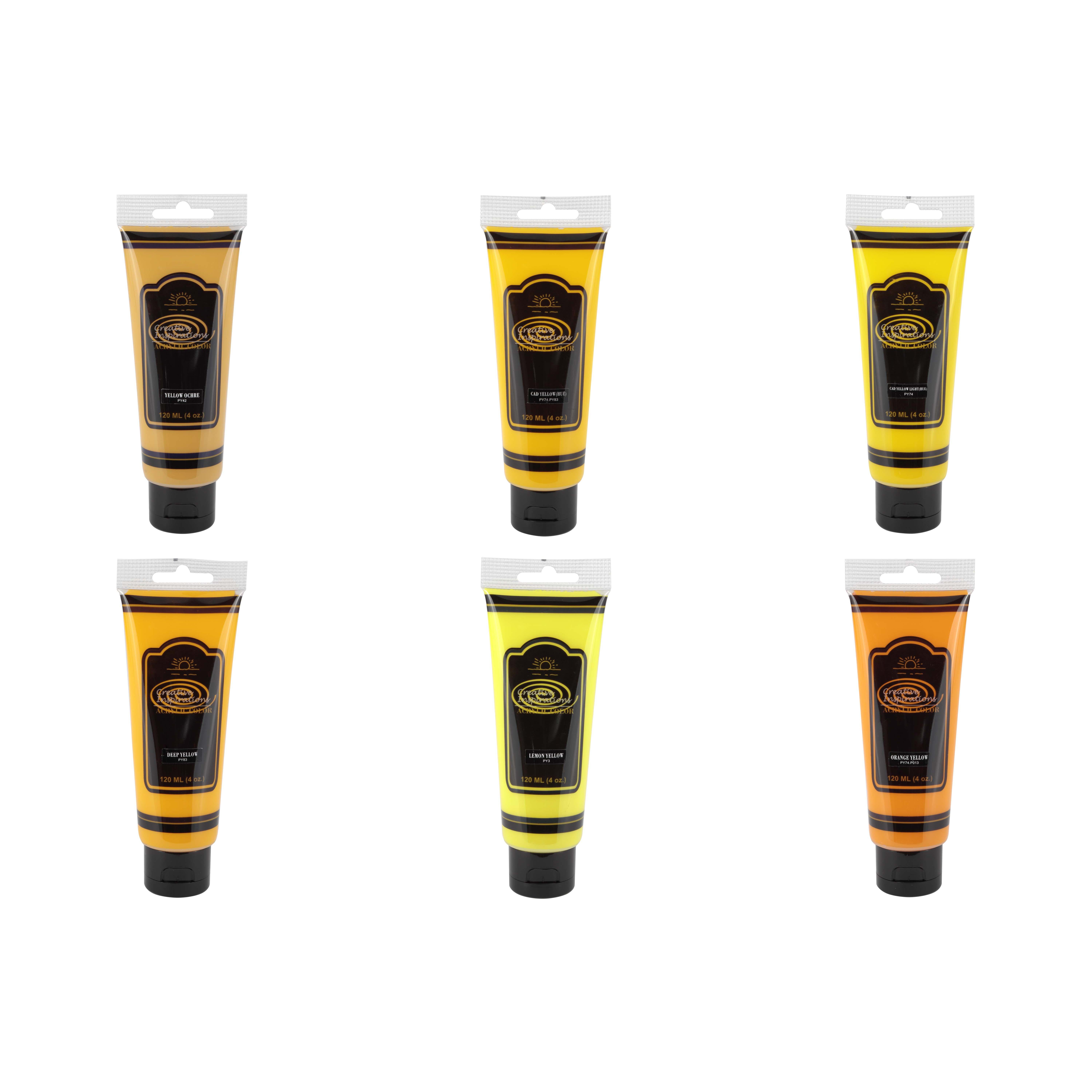 Creative Inspirations Acrylic Paint Yellow Set of 6, 120mL Tubes, Smooth & Creamy Consistency, Vibrant Pigmentation, Great Coverage for Artists - Clean Up with Soap & Water