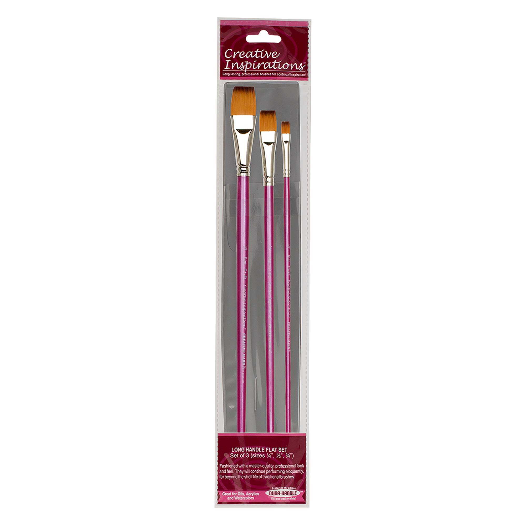 Creative Inspirations Dura-HandleArtist Paint Brushes Long Solid Resin Handle Resists Chips & Cracks - Flat [Set of 3]