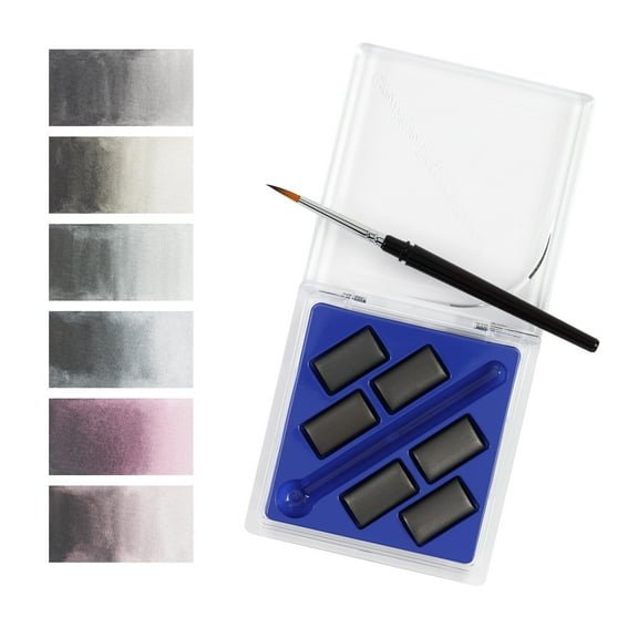 Creative Inspirations Professional Watercolor Paint Set - Compact Graphite Half Pan Travel Set of 6 with Mini Brush - Highly Concentrated Monochrome Watercolor Paint for Artists of All Skill Levels