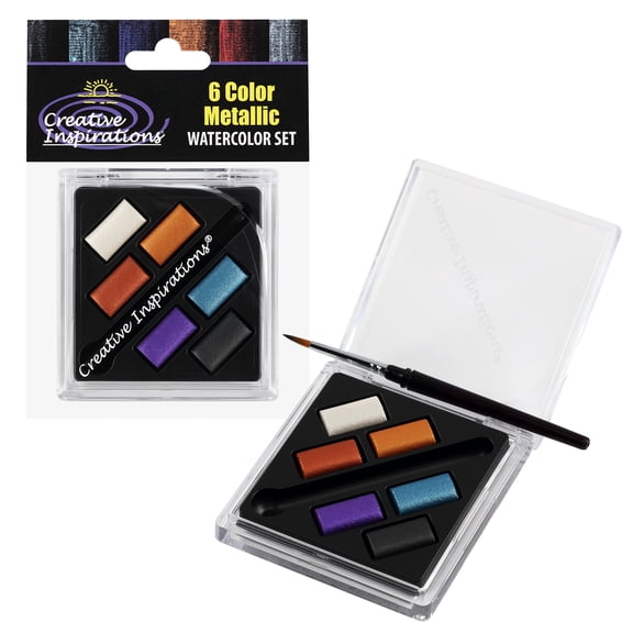 Creative Inspirations Professional Watercolor Paint Set - Compact Metallic Half Pan Travel Set of 6 with Mini Brush - Highly Concentrated Watercolor Paint for Artists of All Skill Levels