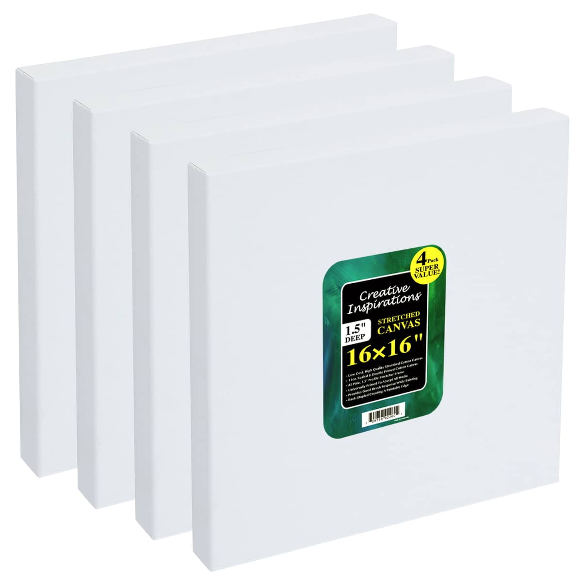 Creative Inspirations Stretched Canvas 4 Pack - 1-1/2" Deep, 16x16", 11oz Sealed & Double-Primed Cotton Canvases, Pine Stretcher Frame, Archival All-Media Primer - Alkyd, Acrylic & Oil Painting