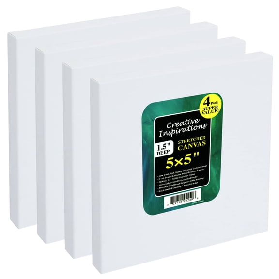 Creative Inspirations Stretched Canvas 4 Pack - 1-1/2" Deep, 5x5", 11oz Sealed & Double-Primed Cotton Canvases, Pine Stretcher Frame, Archival All-Media Primer - Alkyd, Acrylic & Oil Painting