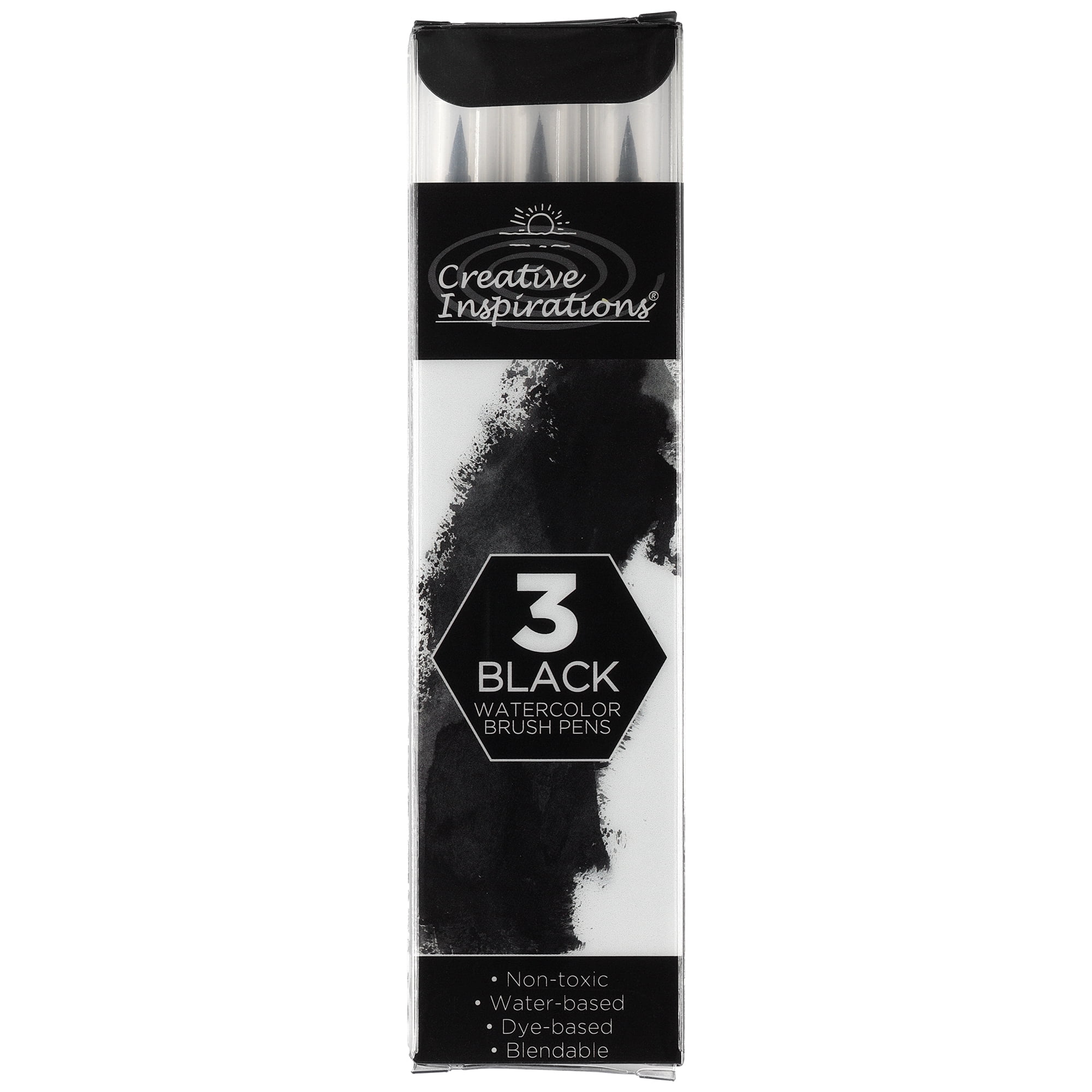 Creative Inspirations Watercolor Brush Pen Set - Water-Soluble Pens for Painting and Coloring - Set of 3 Black Brush Pens