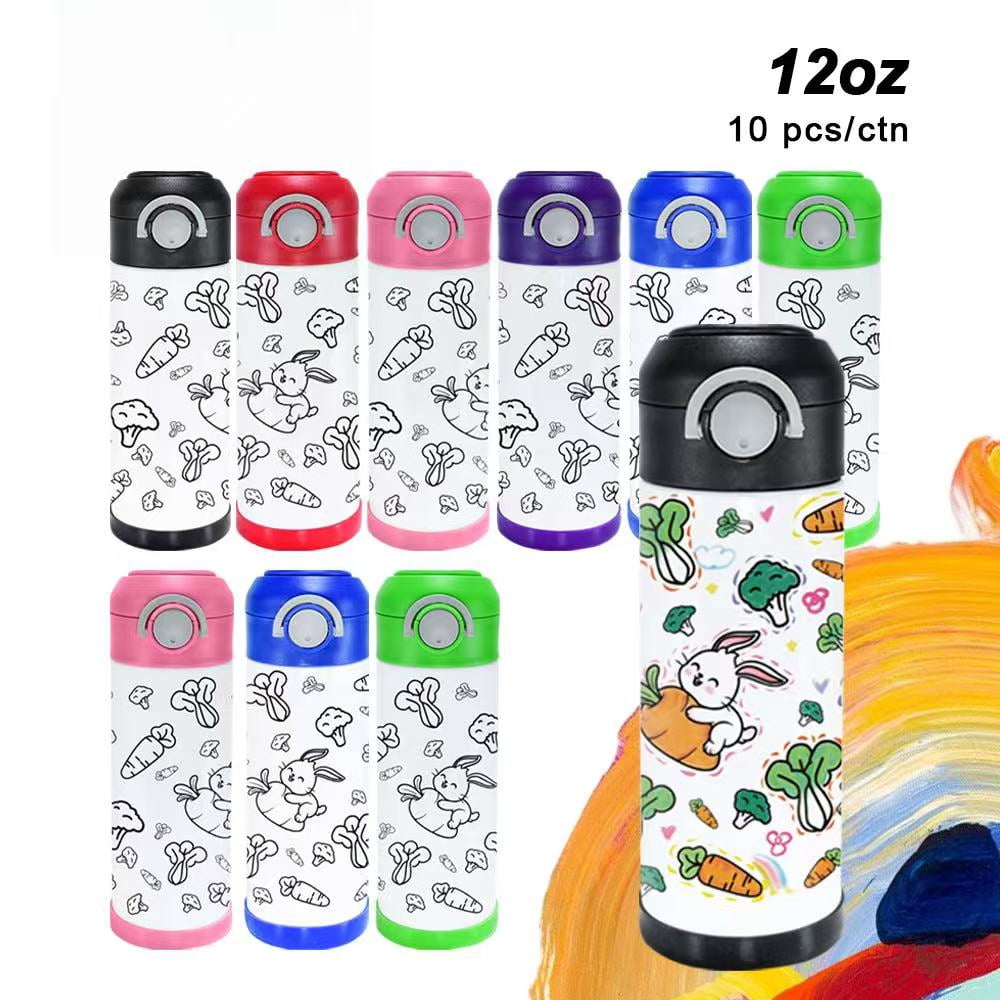 Creative Interactive Graffiti Cup 12oz Kids Sippy Cups 10 Pack Craft Painting Insulated Kids Drinking Cup Vegetable Theme DIY Painting Kids Tumbler with Acrylic Markers