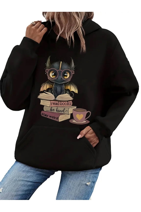 Creative and Interesting Book Coffee Little Dragon Pattern Print Women's Fashion Trendy Hoodie, Simple and Casual Sports Kangaroo Pocket Sweater, Women's Top