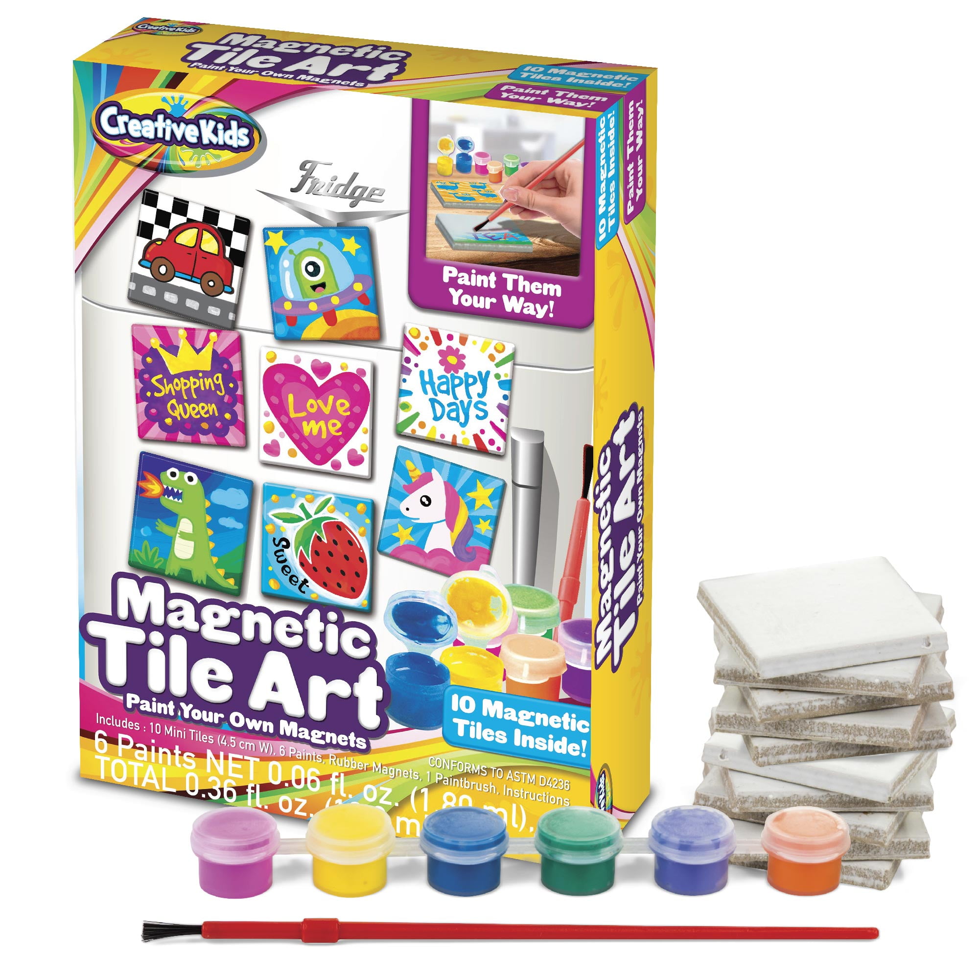 Creative Kids DIY Magnetic Mini Tile Art - Make Your Own Paint Art Craft Set for Kids - Includes 10 Mini Tiles with Rubber Magnets 6 Colorful Paint Pots 1 Paint Brush and Detailed Instructions Age 6+