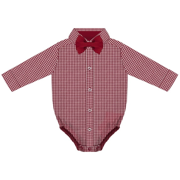Creative Knitwear Infant Long Sleeve Button Down Dress Shirt- Gingham, Crimson, Sizes: 0/3m - 6/9m