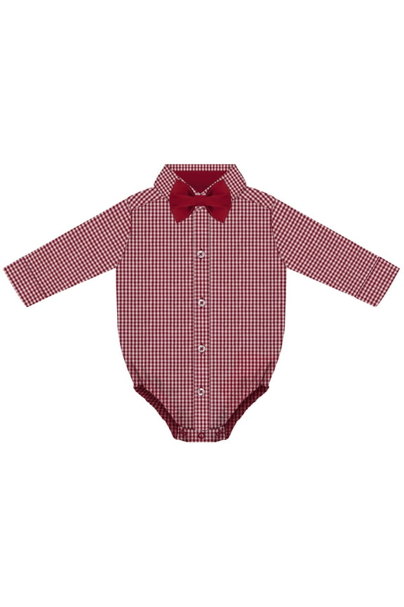 Infant Long Sleeve Button Down Dress Shirt- Gingham, Crimson, Sizes: 0/3m - 6/9m