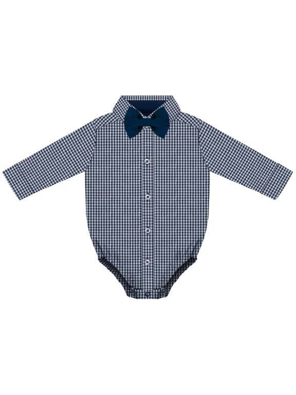 Infant Long Sleeve Button Down Dress Shirt- Gingham, Navy, Sizes: 0/3m - 6/9m