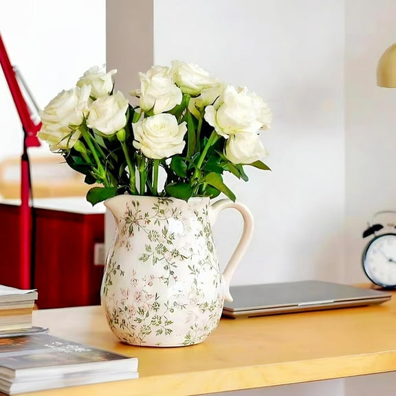 Patterned Ceramic Pitcher Vase with White Roses