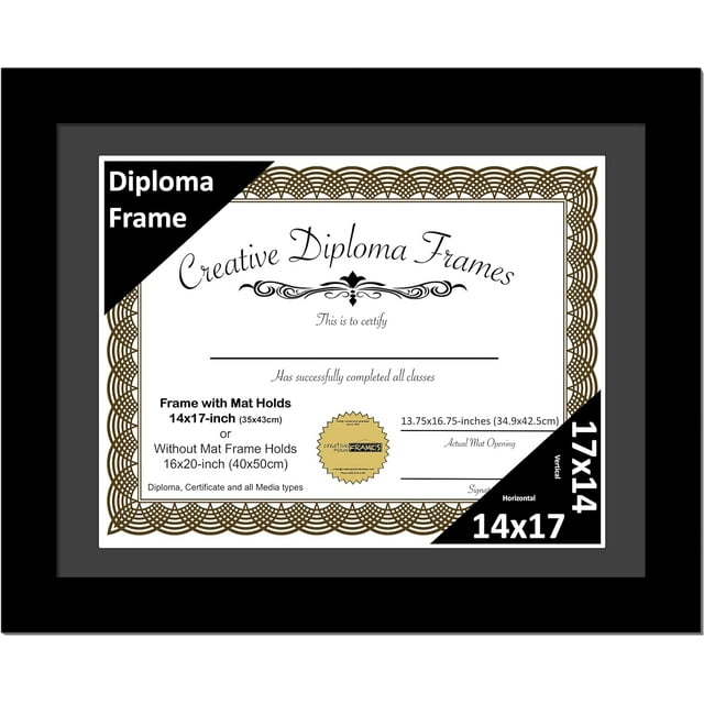 Creative Picture Frames 14x17 Classic Black Diploma Frame with Black Mat Glass Easel and Installed Wall Hangers , Frame Holds 16x20 Media without Mat 14x17 Black Mat