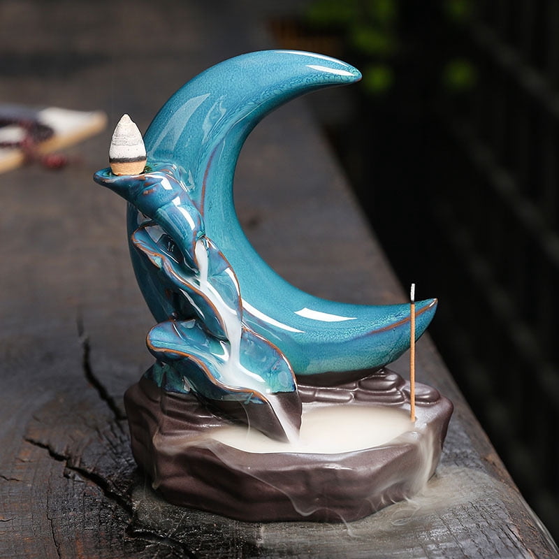 Creative Lotus Pond Moon Sandalwood Incense Burner Waterfall Ceramic Backflow Incense Stick Holder Craft Ornament