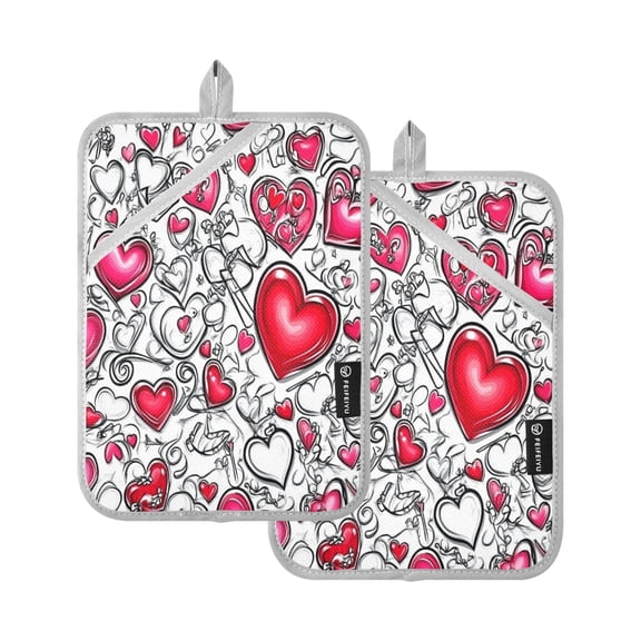 Creative Love Pattern Set of 2 Heat-Resistant Quilted Pads, Silver Polyester, 7" x 9.8"