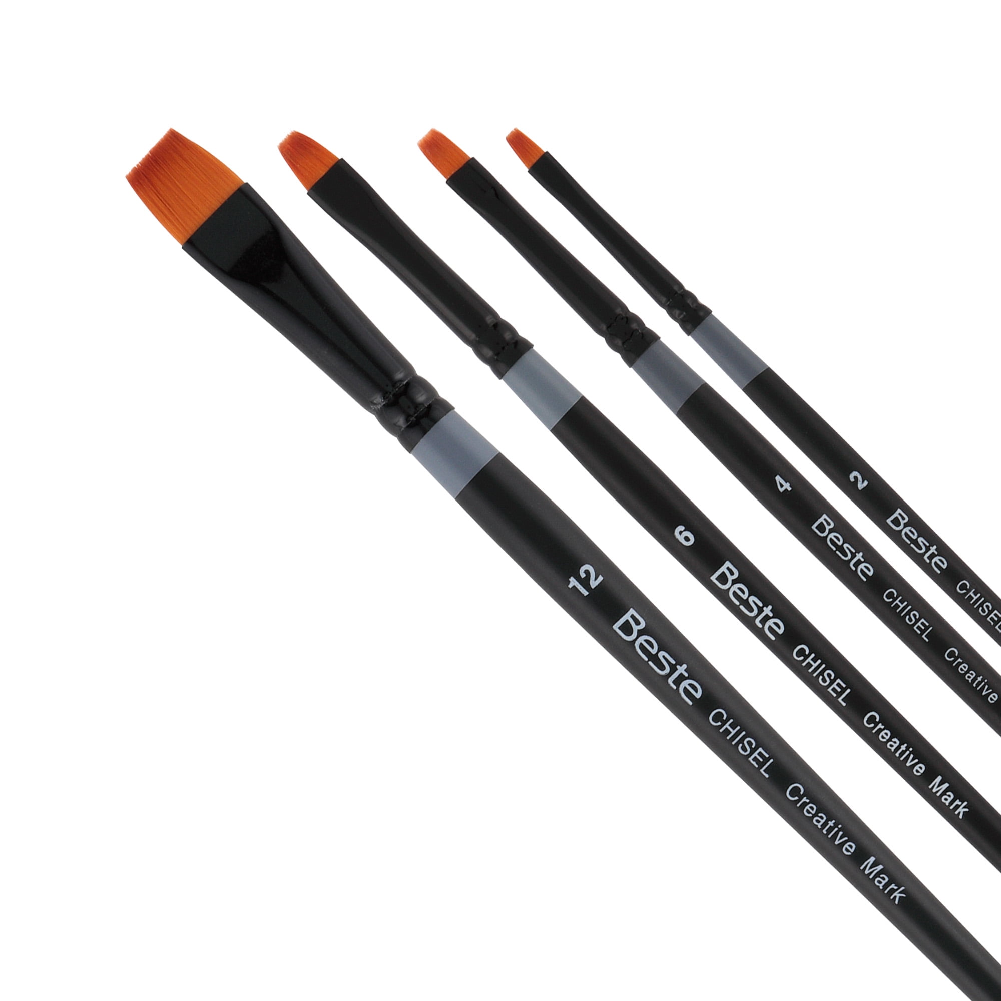Creative Mark Beste Golden Taklon Chisel, Set of 4 Artist Paint Brush, Professional Watercolor Brushes, For Acrylic Painting, Short Handle, Sharp Edges, Hand-Tied & Shaped