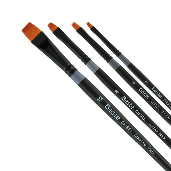 Creative Mark Beste Golden Taklon Chisel, Set of 4 Artist Paint Brush, Professional Watercolor Brushes, For Acrylic Painting, Short Handle, Sharp Edges, Hand-Tied & Shaped