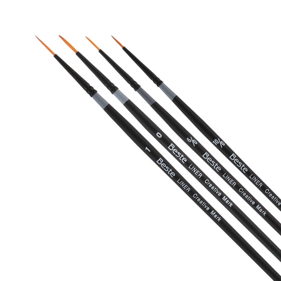 Creative Mark Beste Golden Taklon Liner Set of 4 Artist Brush, Professional Watercolor Brushes, For Acrylic Painting, Short Handle, Sharp Edges, Hand-Tied & Shaped
