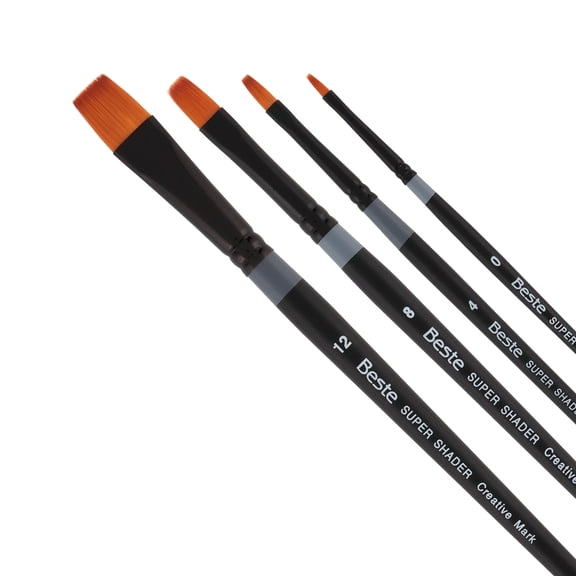 Creative Mark Beste Golden Taklon Super Shader Set of 4 Artist Brushes, Professional Watercolor Brushes, For Acrylic Painting, Short Handle, Sharp Edges, Hand-Tied & Shaped