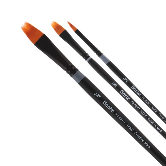 Creative Mark Beste Golden Taklon Filbert Rake, Set of 3 Artist Paint Brush, Professional Watercolor Brushes, For Acrylic Painting, Short Handle, Sharp Edges, Hand-Tied & Shaped