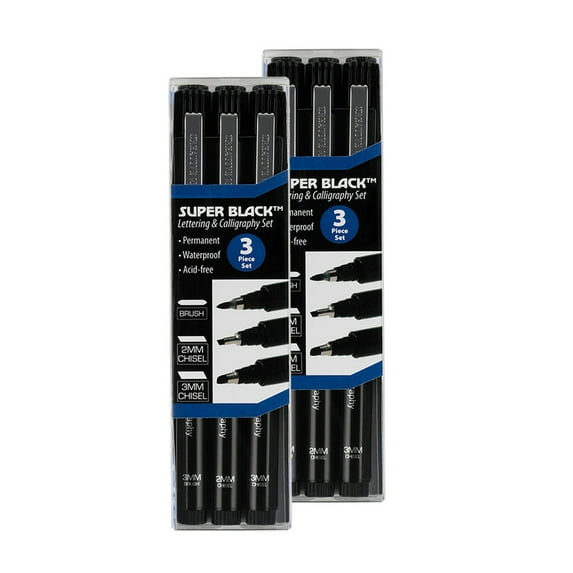 Creative Mark Calligraphy & Fineliner Pen Set of 3- 2 Pack (6 Total Pens) Lettering & Calligraphy Drawing - Super Black, Permanent, Waterproof, & Acid-Free Chisel Nylon-Nibs Pens & Medium Brush Tip