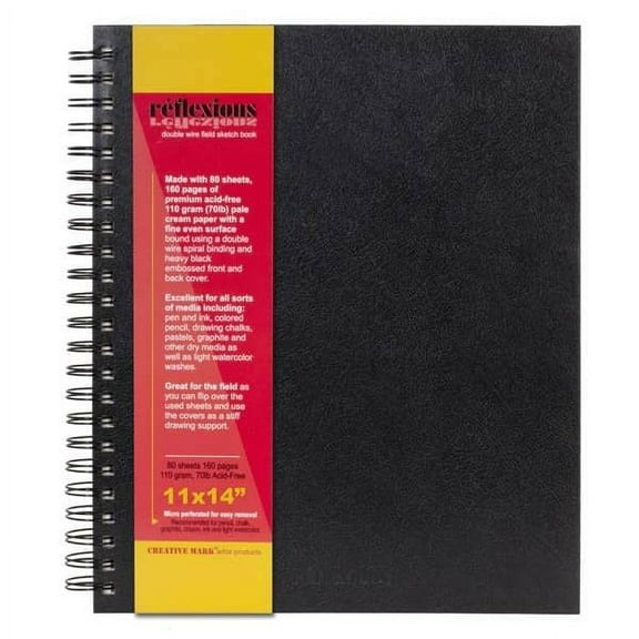 Creative Mark Double Wire Spiral Bound Field Sketch Book [160 Pages - 11 x 14"], Black Embossed Leatherette Journal, Light Cream Acid-Free Paper, Perfect for Dry Media and Drawing