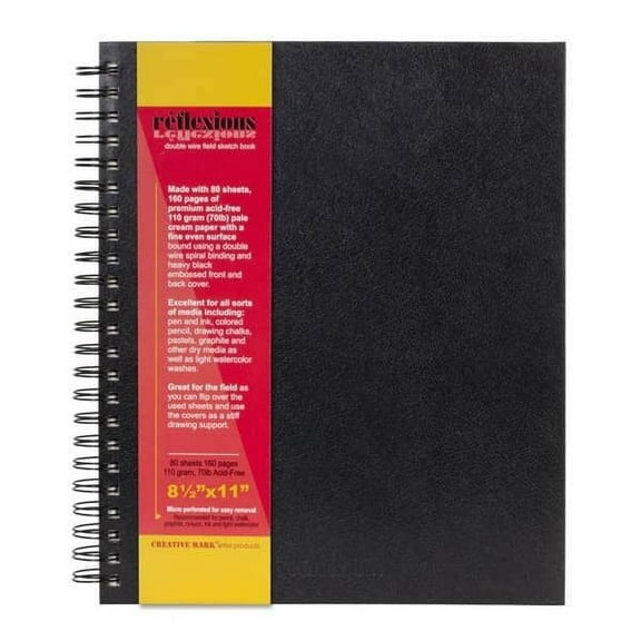 Creative Mark Double Wire Spiral Bound Field Sketch Book [160 Pages - 8.5 x 11"], Black Embossed Leatherette Journal, Light Cream Acid-Free Paper, Perfect for Dry Media and Drawing