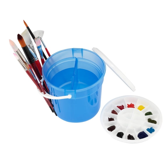 Creative Mark Dupre Art Brush Basin - 6.5" Paintbrush Water Bucket w/ Dual Half-Size Compartments, 12-Well Palette Plus 4 Interior, Deep Palette, Brush Holder Handle, Easy to Clean, Portable Design