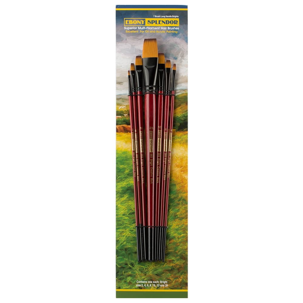 Creative Mark Ebony Splendor Long-Handled Synthetic Sable Paint Brush, Bright Set of 7, Teijin Multi-Filament Hair, Handcrafted Synthetic Paint Brushes for Acrylic Painting, Watercolor Painting & More