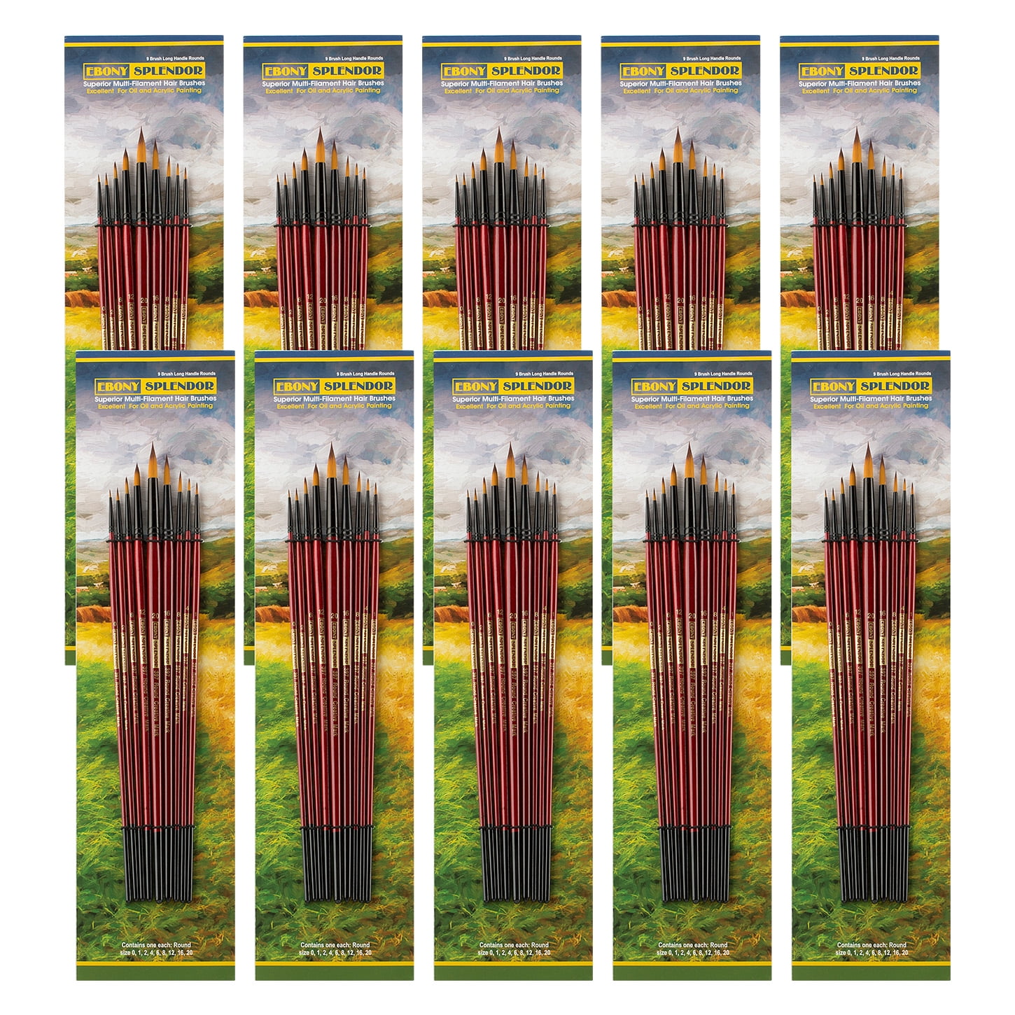 Creative Mark Ebony Splendor Long-Handled Synthetic Sable Paint Brush, Set of 9, Pack of 10, Teijin Multi-Filament Hair, Handcrafted Synthetic Paint Brushes for Acrylic, Watercolor Painting and More