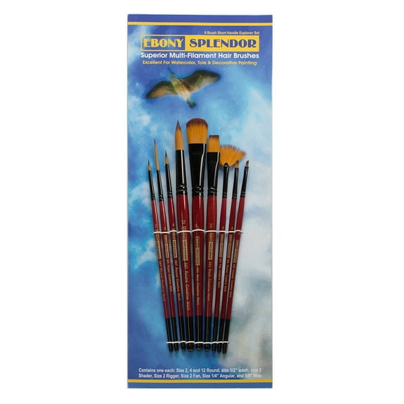 Creative Mark Ebony Splendor Short-Handle Synthetic Sable Paint Brush, Assorted Set of 9, Teijin Multi-Filament Hair, Handcrafted Synthetic Paint Brushes for Acrylic, Watercolor Painting & More