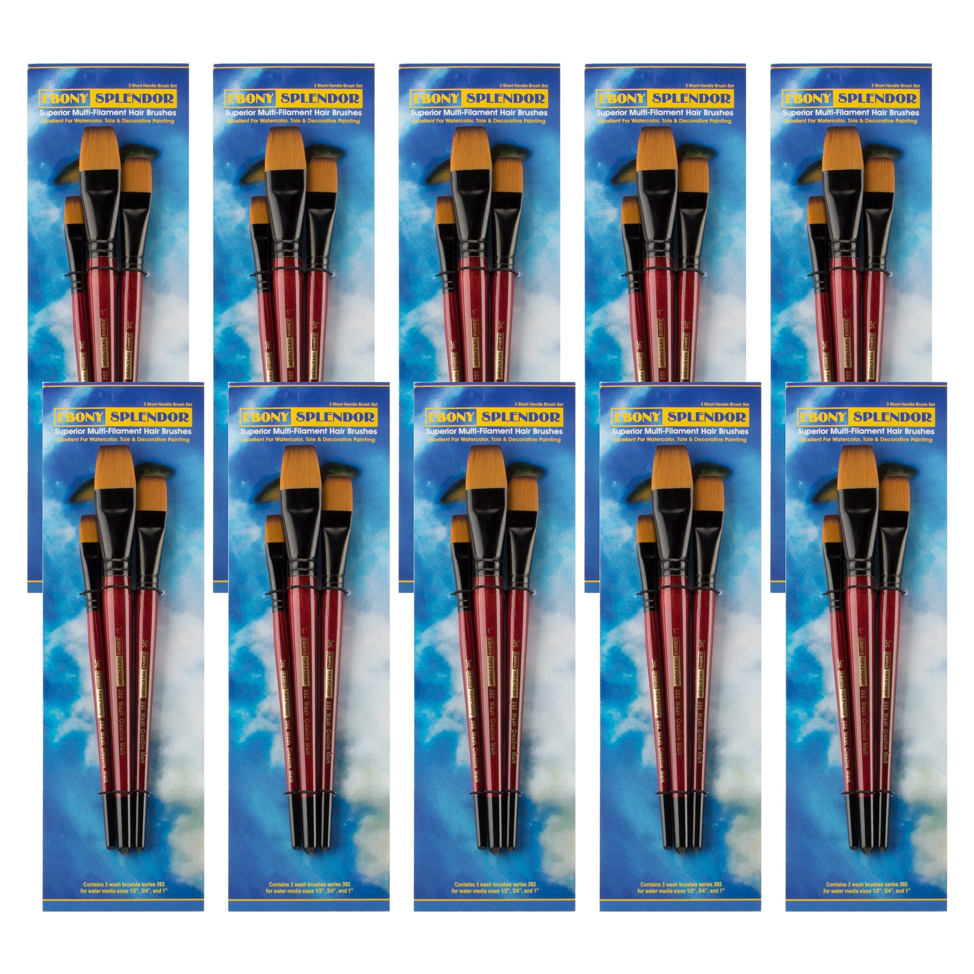 Creative Mark Ebony Splendor Short-Handled Synthetic Sable Paint Brush,  Set of 10, Pack of 3, Teijin Multi-Filament Hair, Handcrafted Synthetic Paint Brushes for Acrylic, Watercolor Painting and More