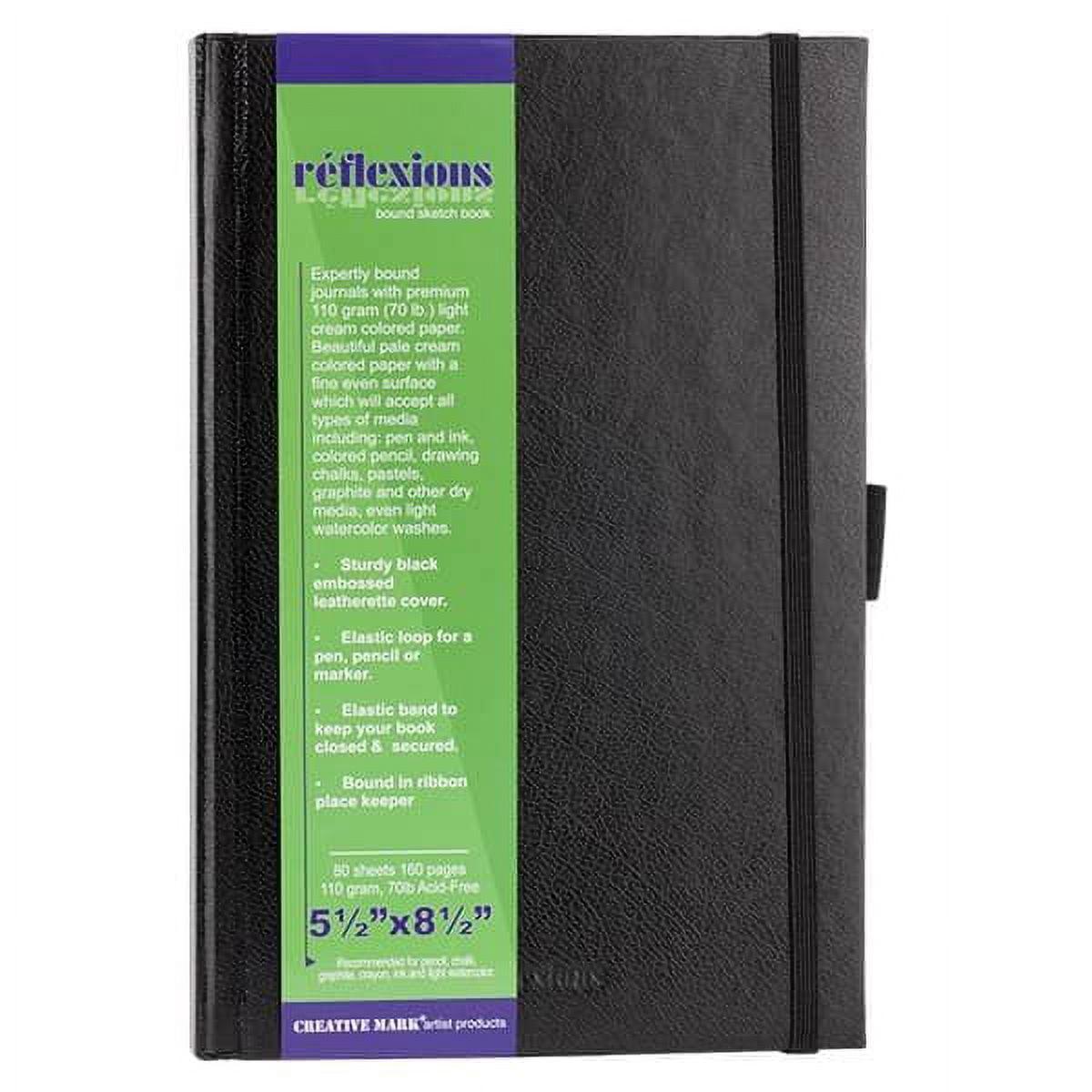 Creative Mark Hard Leather Bound Sketchbook [160 Pages - 5.5 x 8.5"], Black Embossed Leatherette Journal, Acid-Free Paper, Perfect for Dry Media, Drawing With Elastic Pen Loop & Page Keeper Ribbon