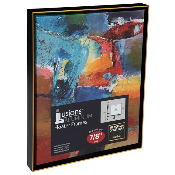 Creative Mark Illusions Aluminum Floater Frames 7/8", 16x20" Black/Gold - No Glass or Backing - Canvas Floater Frames with Sleek Metal Exterior, Flat Molding & Assembly Hardware