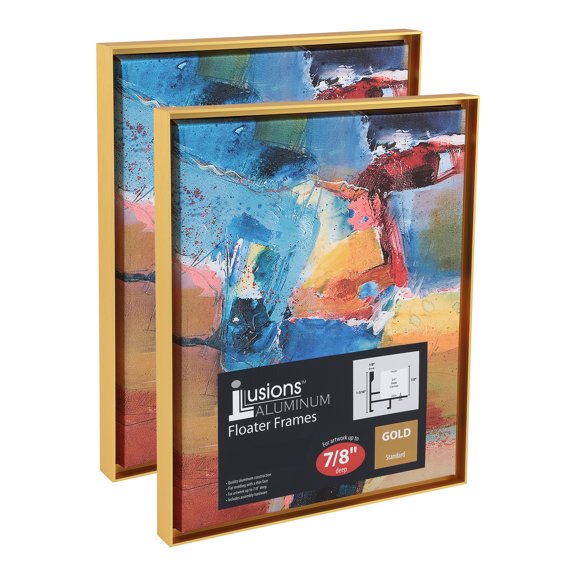 Creative Mark Illusions Aluminum Floater Frames 7/8" 2 Pack, 12x16" Gold - No Glass or Backing - Canvas Floater Frames with Sleek Metal Exterior, Flat Molding & Assembly Hardware