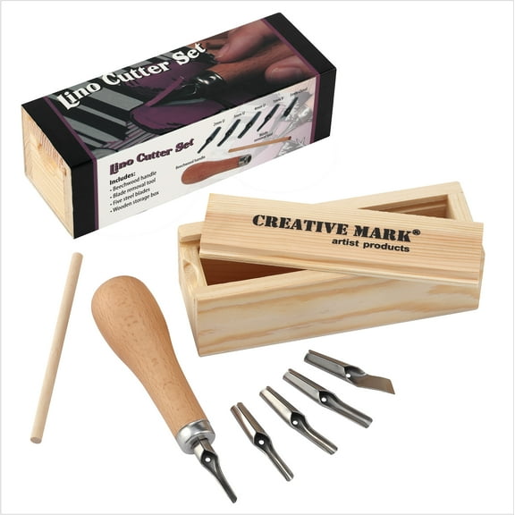 Creative Mark Linoleum Carving Tools Set with Ergonomic Beechwood Handle, 5 Tempered Steel Blades, Block Printing Linocut Tools for Soft Linoleum or Pine, Wooden Storage Box Included