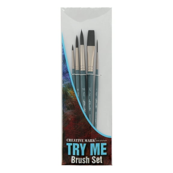 Creative Mark Mimik Squirrel Professional Watercolor Brushes Try Me Set of 5 Paint Brushes - High Color Load Synthetic Squirrel Brush Set of Assorted Shapes and Sizes with Flat, Rigger, Round