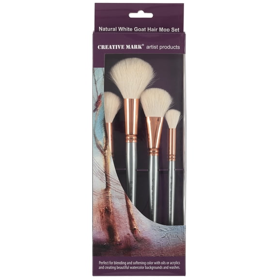 Creative Mark Goat Hair Mop Brush - Set of 4 Asorted Shape, Natural Goat Hair for Watercolor, Oil, Acrylic & Makeup Blending – Ultra‑Soft White Hair  – Short‑Handle, High‑Absorbency Artist Mop