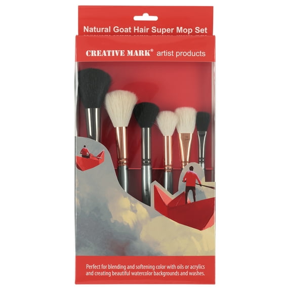 Creative Mark Goat Hair Mop Brush - Set of 6 Asorted Shape, Natural Goat Hair for Watercolor, Oil, Acrylic & Makeup Blending – Ultra‑Soft Mixed Hair – Short‑Handle, High‑Absorbency Artist Mop