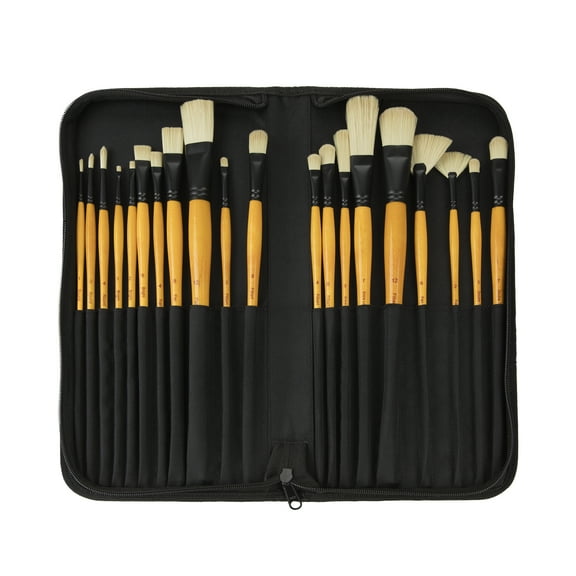 Creative Mark Paint Brush Set Mimik Hog Professional Synthetic Hog Bristle Brushes For Acrylics, Inks, Dyes, Gouaches, Watercolors, Easein & Egg Tempera - [Deluxe 20 Piece Set w/ Leather Case]