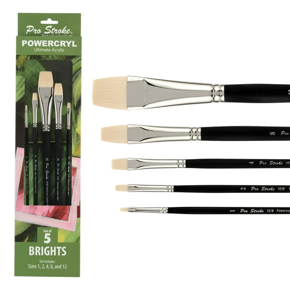 Creative Mark Pro-Stroke Powercryl Acrylic Paint Brushes - Brights Value Set of 5, Synthetic Paint Brushes for Artists, Seamless Nickel-Plated Ferrules, Matte Black Wooden Handle, Soft-Touch Grip