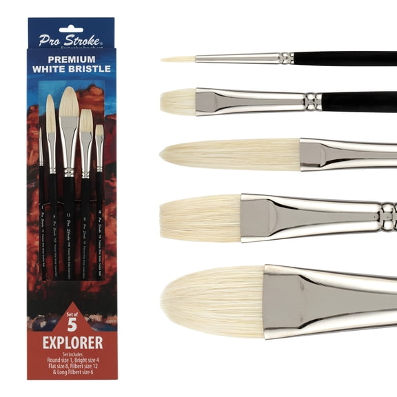 Creative Mark Pro Stroke Premium White Chungking Hog Bristle Artist Paint Brush - Explorer Set of 5 - Natural Bristle Brush w/ Soft Touch Handle for Oils, Watercolors, Acrylics, Alkyds, Caseins