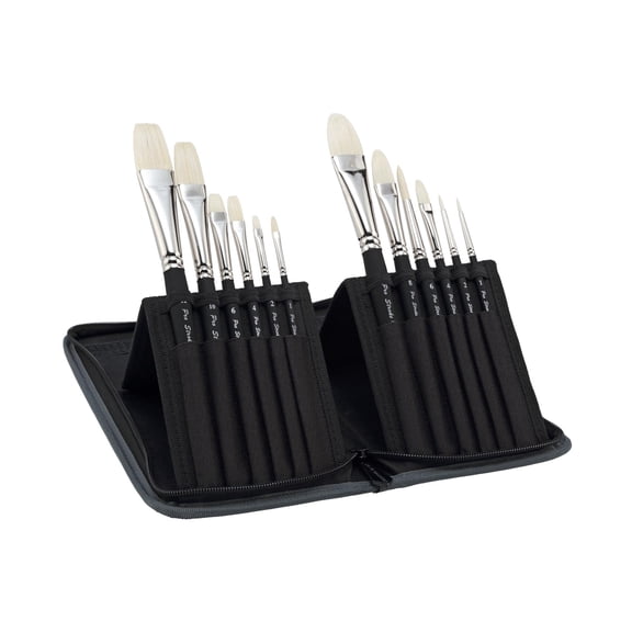 Creative Mark Pro Stroke Premium White Chungking Hog Bristle Artist Paint Brush - Short Handle Set of 12 with Easel Case - Natural Bristle Brush w/ Soft Touch Handle for Oils and Acrylics